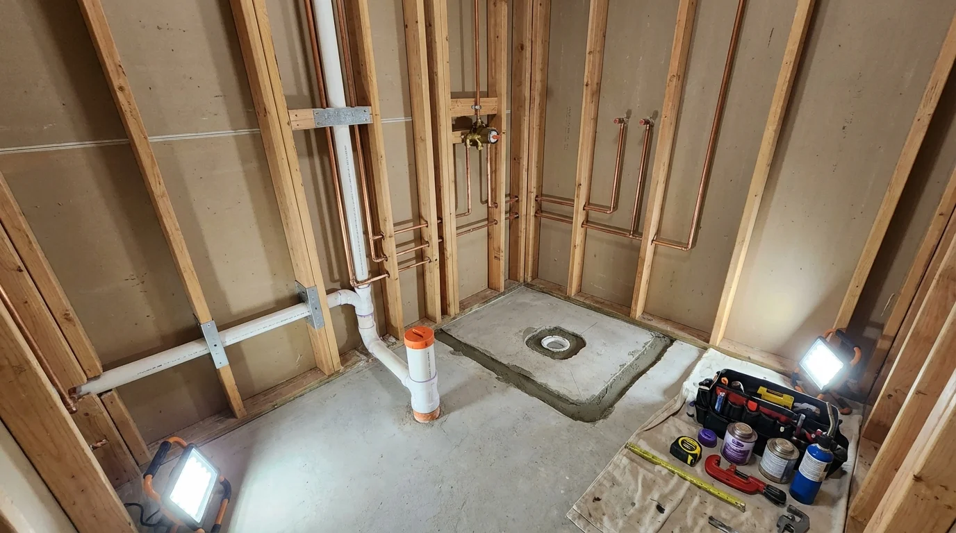 Bathroom rough-in plumbing during remodel by Johns Plumbing LLC in Posen