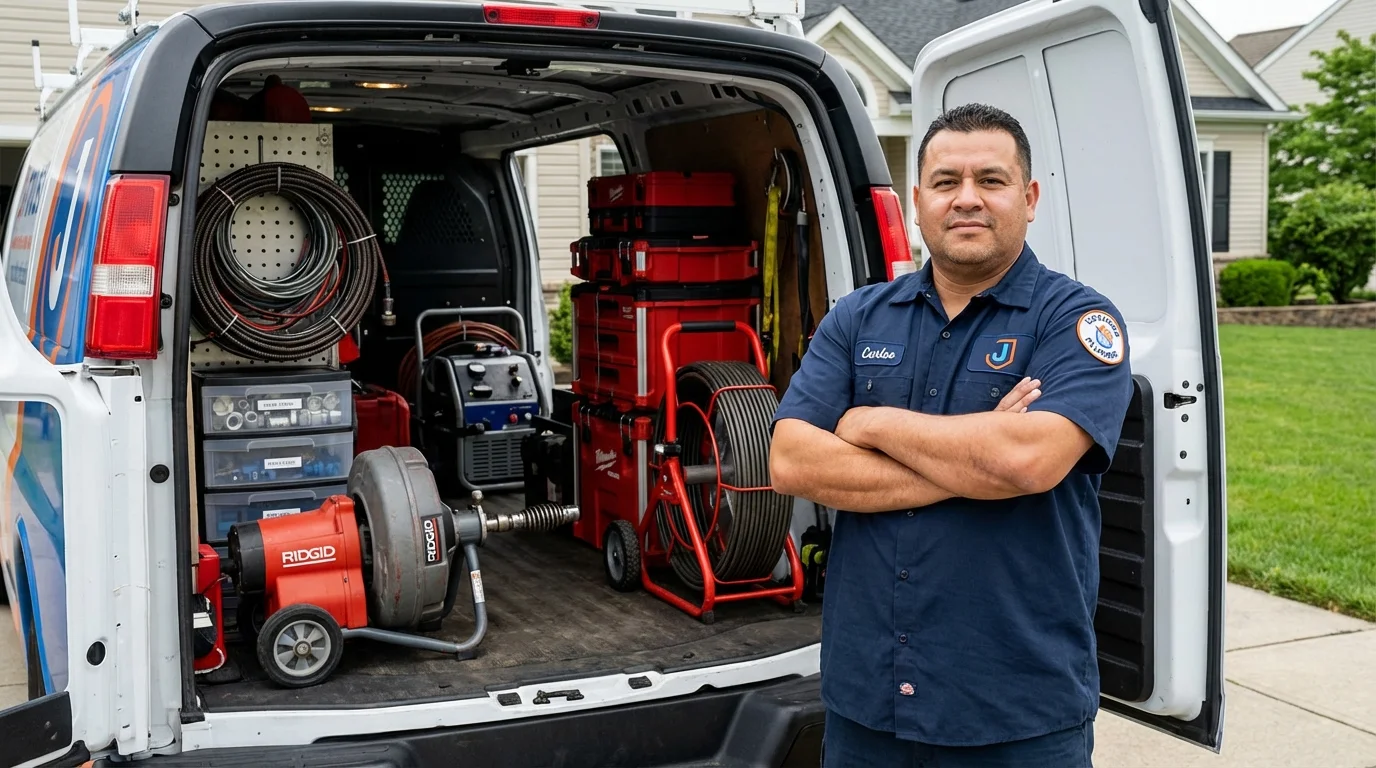 Professional drain cleaning equipment and Johns Plumbing LLC plumber in Posen