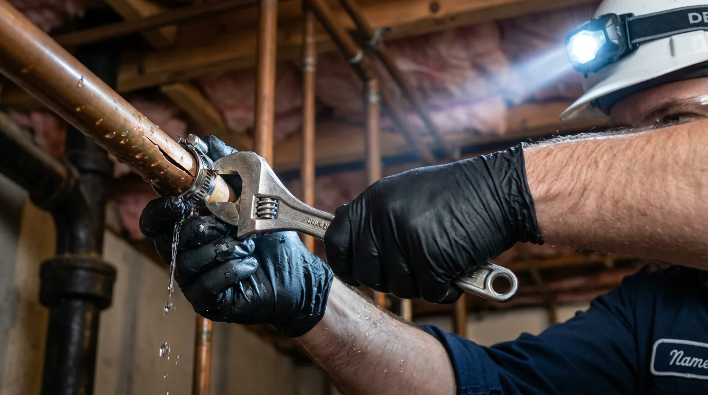 Emergency pipe clamp repair being performed by a Johns Plumbing LLC plumber in Posen