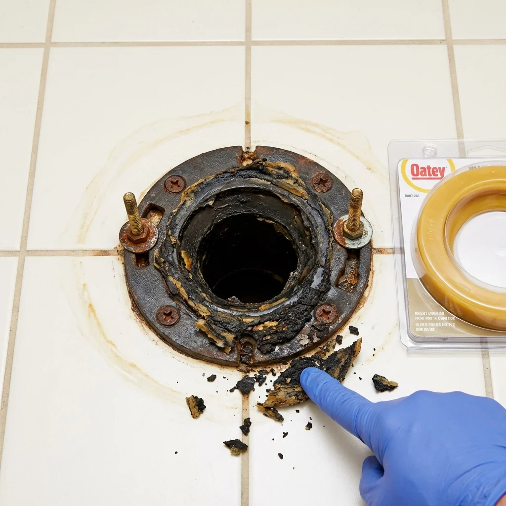 Failed wax ring showing water seepage at the base of a toilet in a Posen, IL home