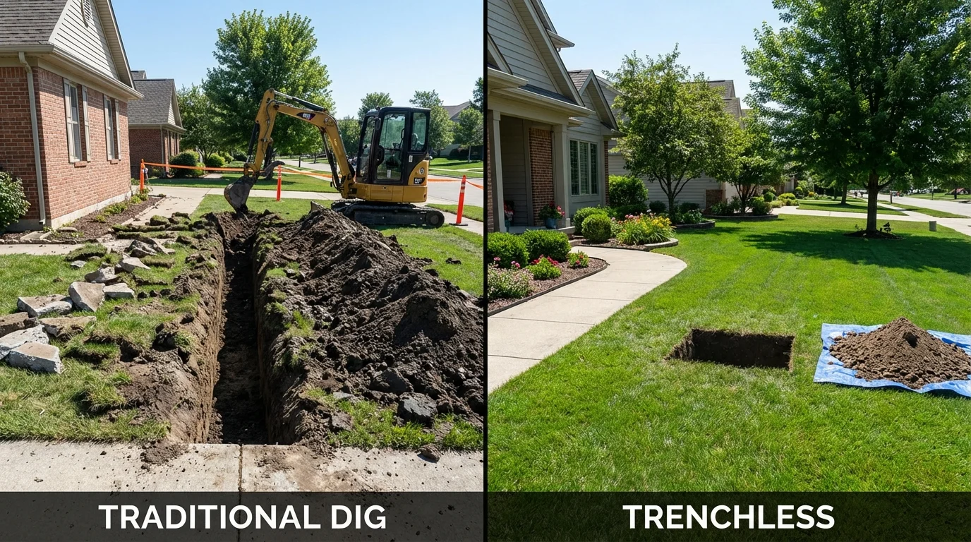 Trenchless sewer repair with minimal yard damage versus traditional excavation in Posen, IL
