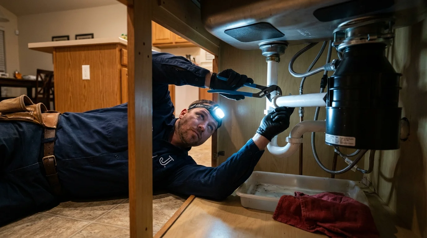 P-trap and supply line connections under a kitchen sink showing a common leak point in Posen, IL
